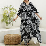 Black And White Wicca Devil Skull Print Silk V-Neck Kaftan Dress