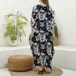 Black And White Wicca Devil Skull Print Silk V-Neck Kaftan Dress