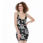 Black And White Wicca Devil Skull Print Sleeveless Bodycon Dress
