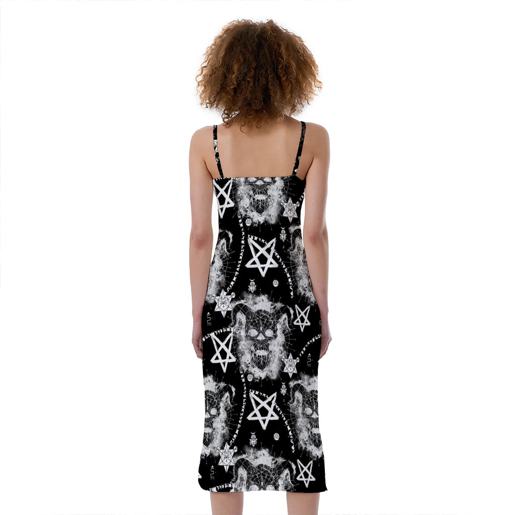 Black And White Wicca Devil Skull Print Slim Fit Midi Cami Dress