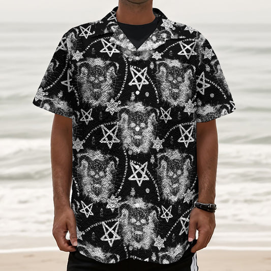 Black And White Wicca Devil Skull Print Textured Short Sleeve Shirt