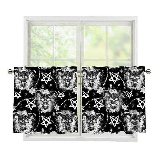 Black And White Wicca Devil Skull Print Tier Curtains