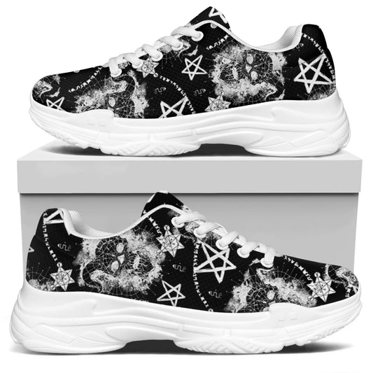 Black And White Wicca Devil Skull Print White Chunky Shoes