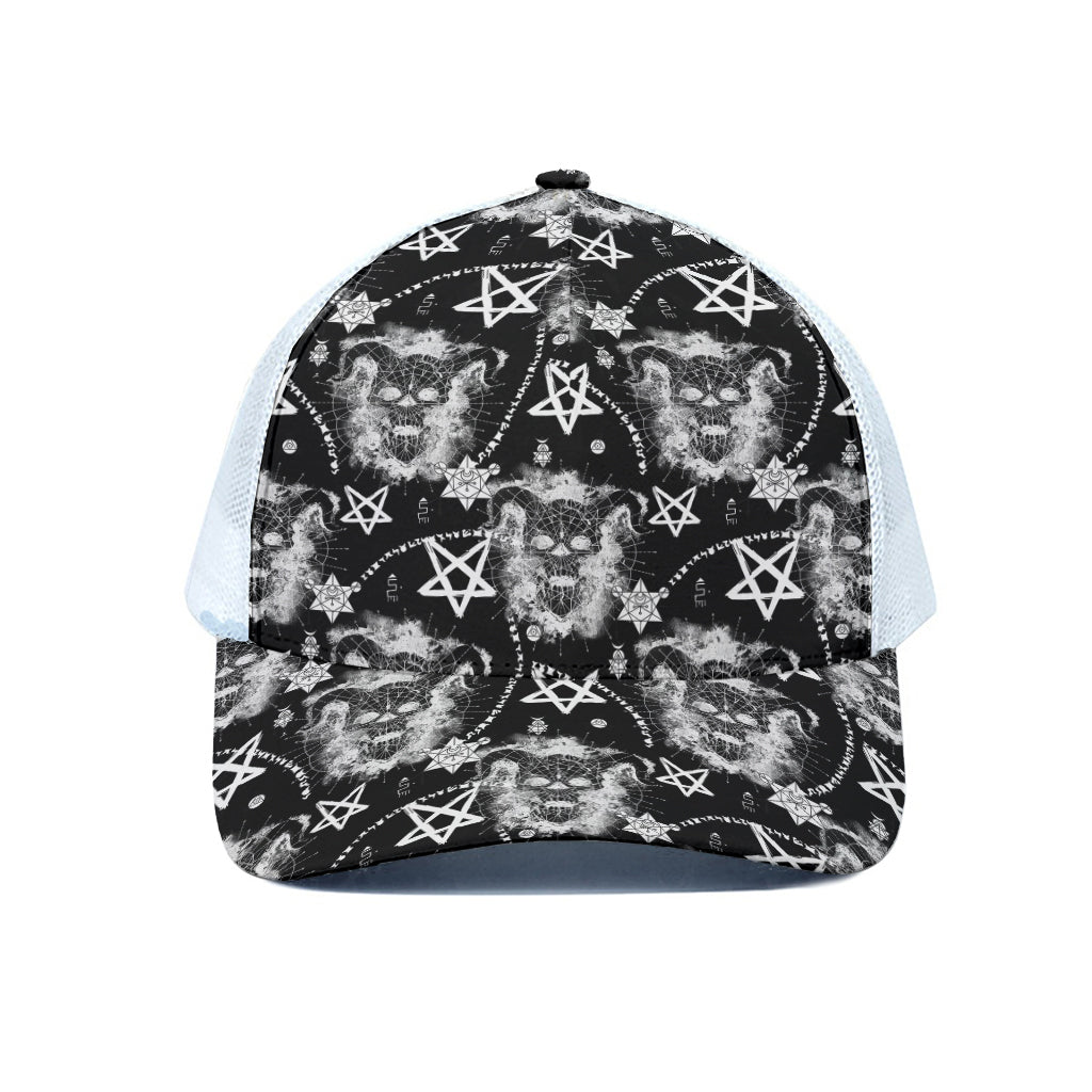 Black And White Wicca Devil Skull Print White Mesh Trucker Cap