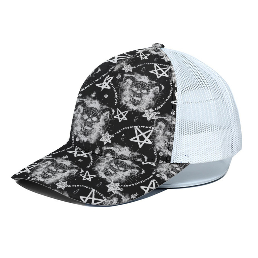 Black And White Wicca Devil Skull Print White Mesh Trucker Cap
