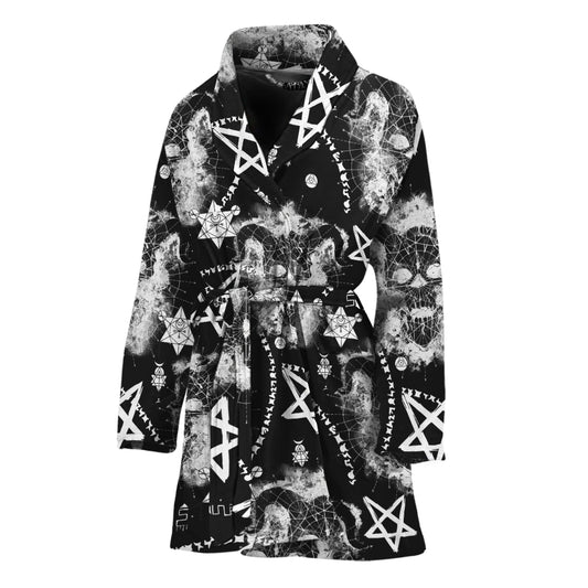 Black And White Wicca Devil Skull Print Women's Bathrobe
