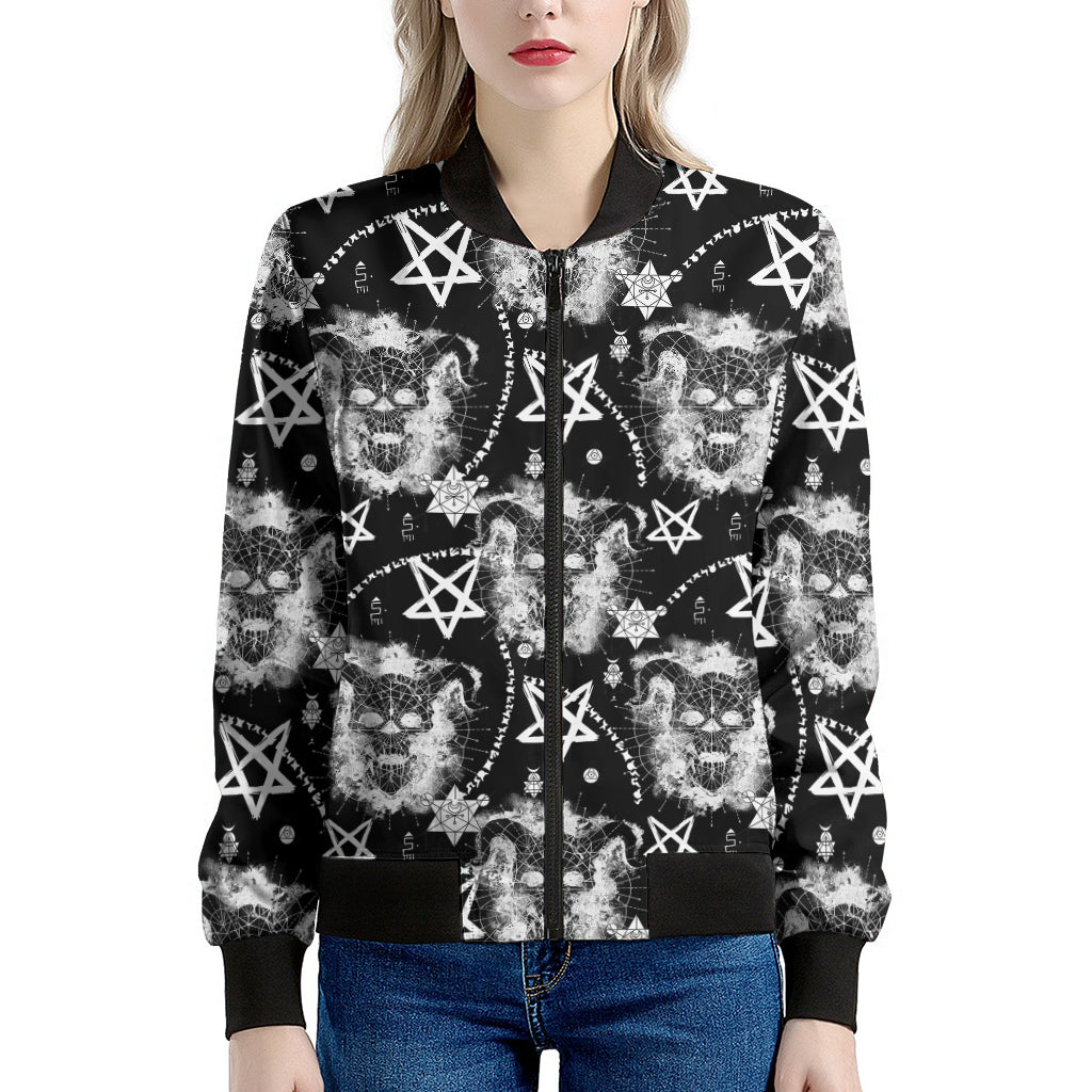 Black And White Wicca Devil Skull Print Women's Bomber Jacket