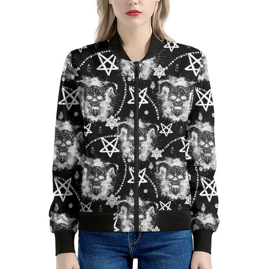 Black And White Wicca Devil Skull Print Women's Bomber Jacket