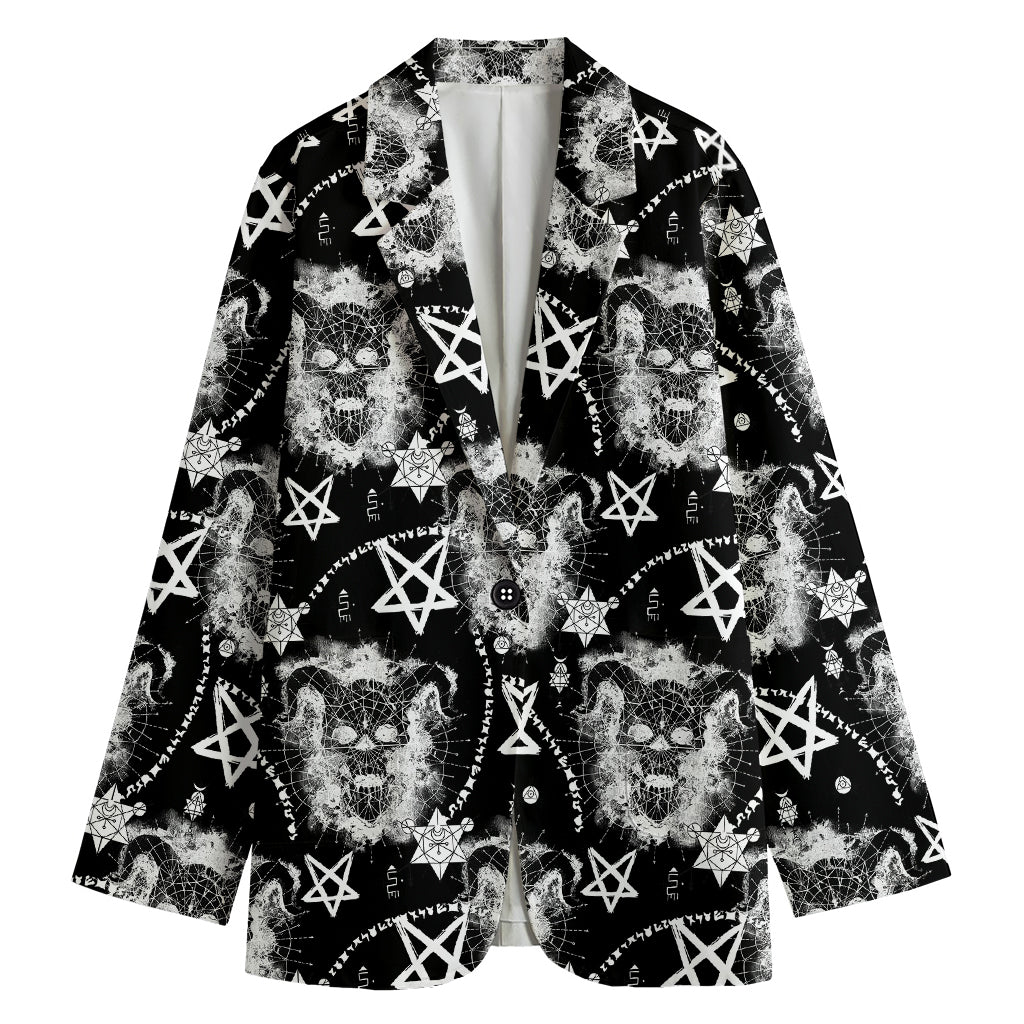 Black And White Wicca Devil Skull Print Women's Cotton Blazer