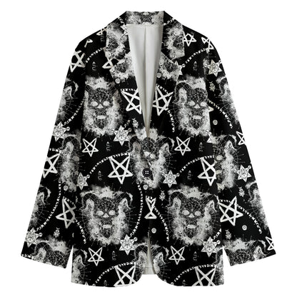 Black And White Wicca Devil Skull Print Women's Cotton Blazer