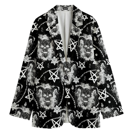 Black And White Wicca Devil Skull Print Women's Cotton Blazer