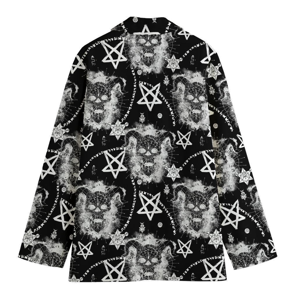Black And White Wicca Devil Skull Print Women's Cotton Blazer