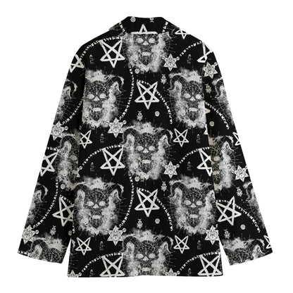 Black And White Wicca Devil Skull Print Women's Cotton Blazer