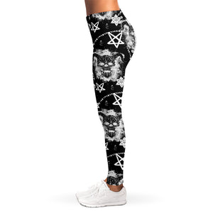 Black And White Wicca Devil Skull Print Women's Leggings