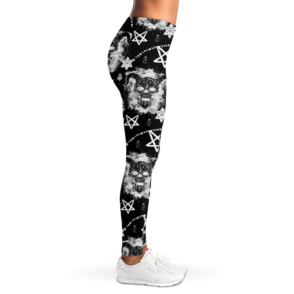 Black And White Wicca Devil Skull Print Women's Leggings