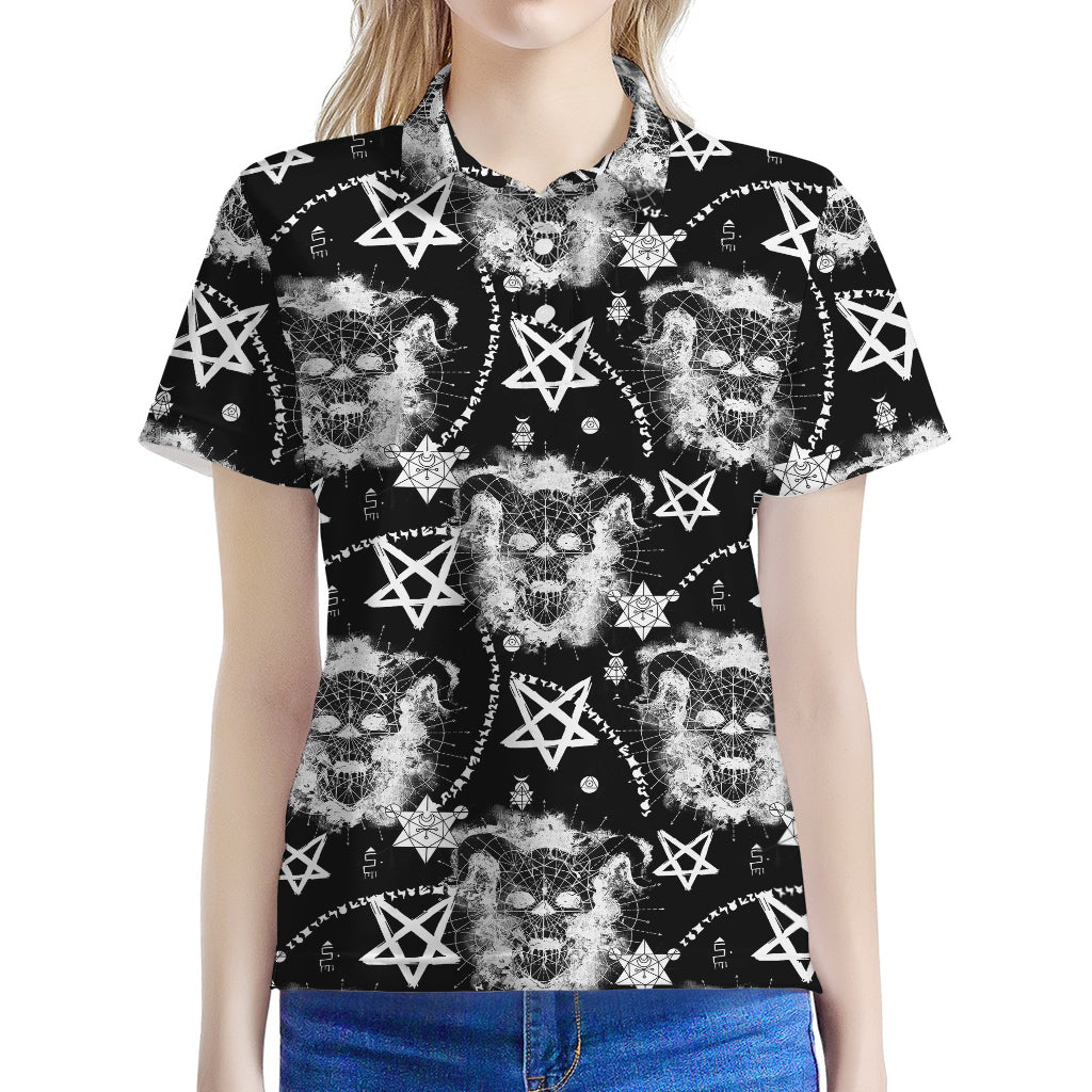 Black And White Wicca Devil Skull Print Women's Polo Shirt