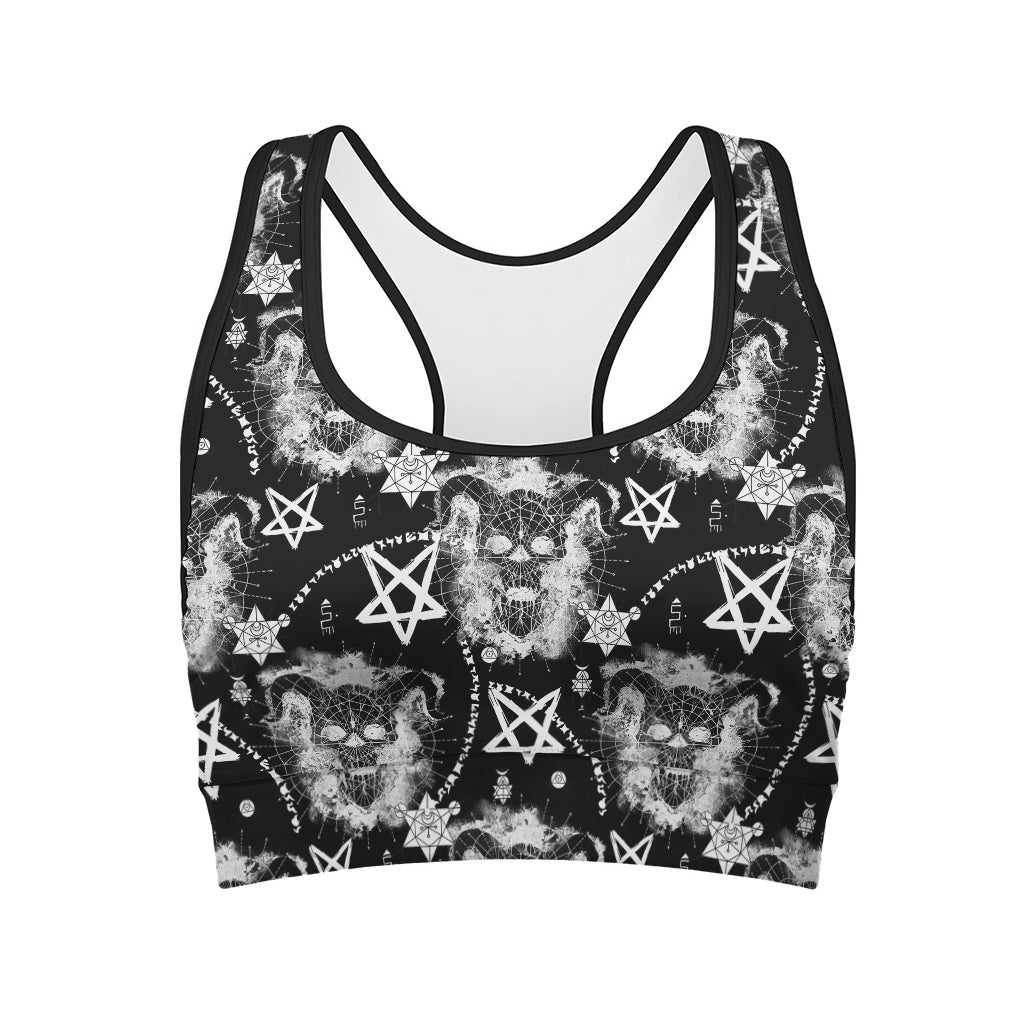 Black And White Wicca Devil Skull Print Women's Sports Bra