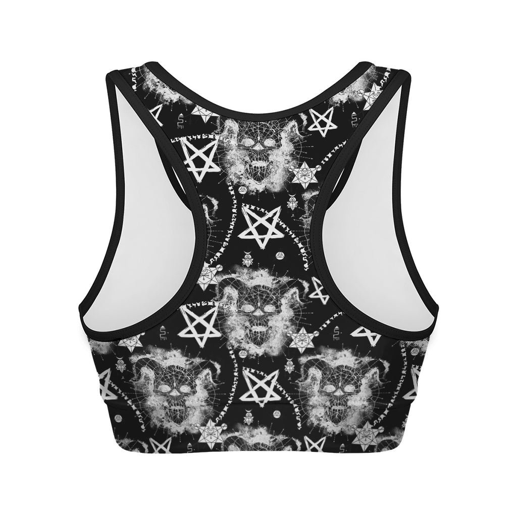 Black And White Wicca Devil Skull Print Women's Sports Bra