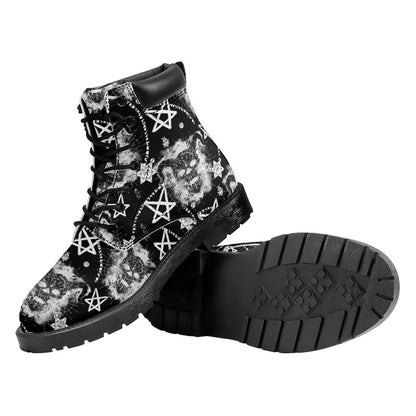 Black And White Wicca Devil Skull Print Work Boots