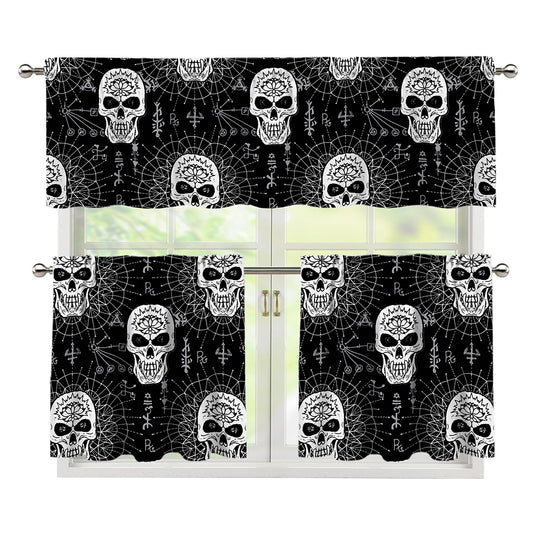 Black And White Wicca Evil Skull Print 3 Piece Kitchen Curtains
