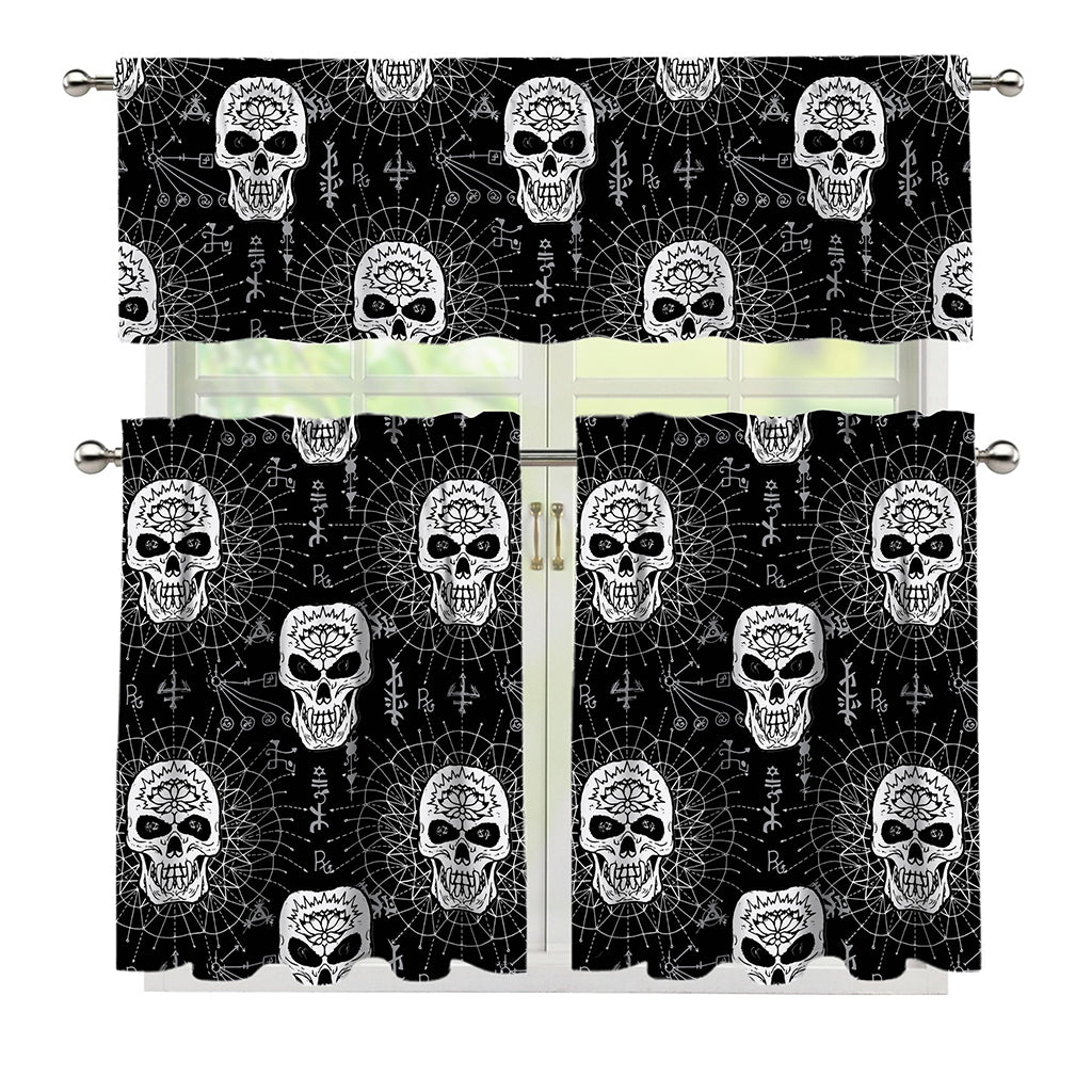 Black And White Wicca Evil Skull Print 3 Piece Kitchen Curtains