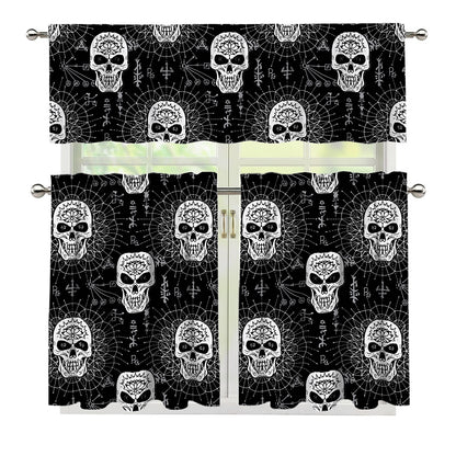 Black And White Wicca Evil Skull Print 3 Piece Kitchen Curtains
