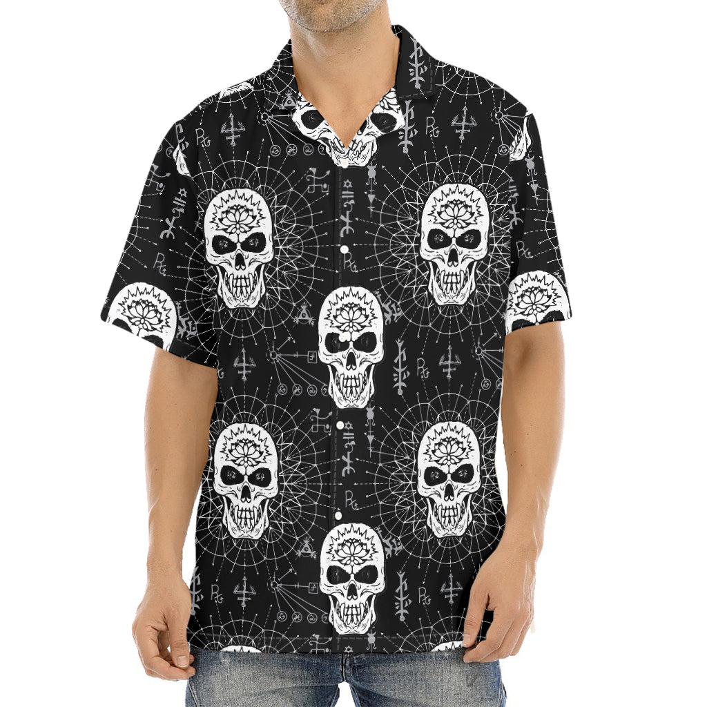 Black And White Wicca Evil Skull Print Aloha Shirt