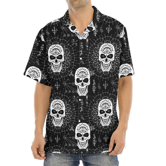 Black And White Wicca Evil Skull Print Aloha Shirt