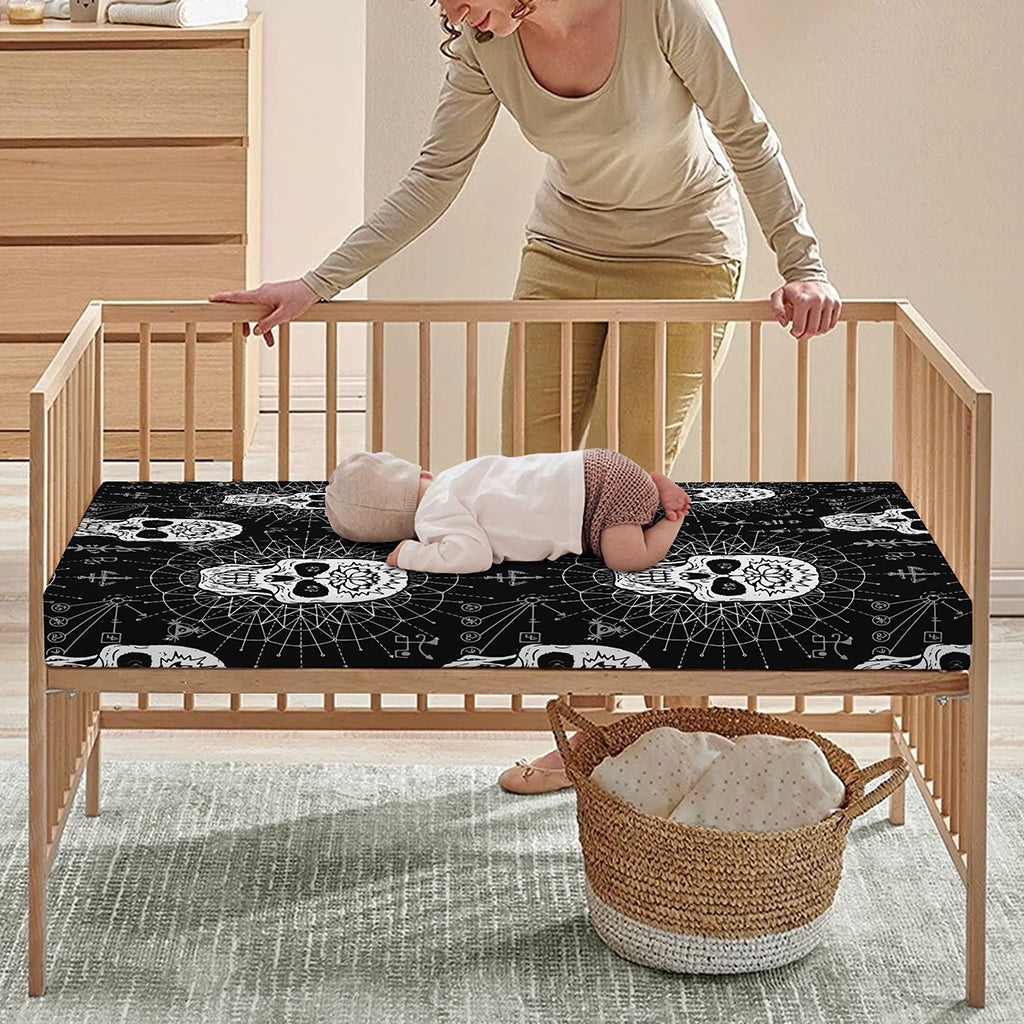 Black And White Wicca Evil Skull Print Baby Crib Sheet