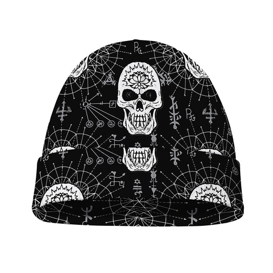 Black And White Wicca Evil Skull Print Beanie
