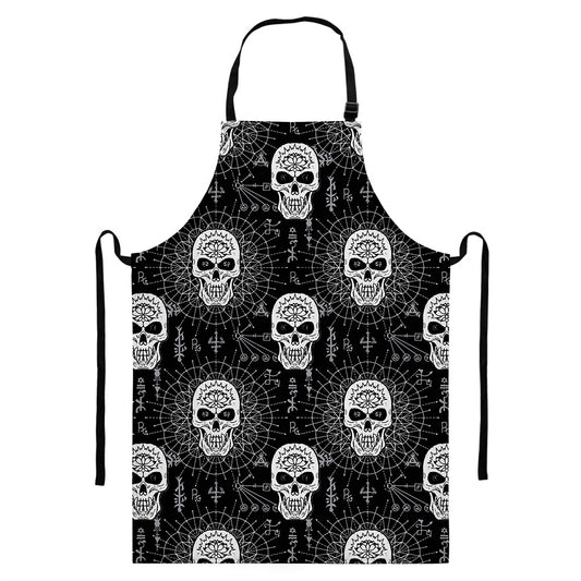 Black And White Wicca Evil Skull Print Bib Apron With Pocket