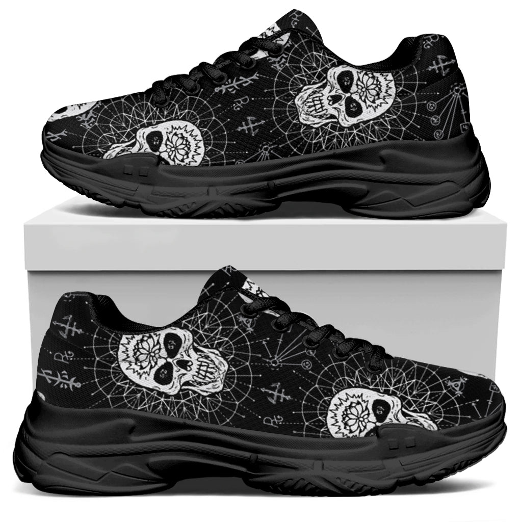 Black And White Wicca Evil Skull Print Black Chunky Shoes