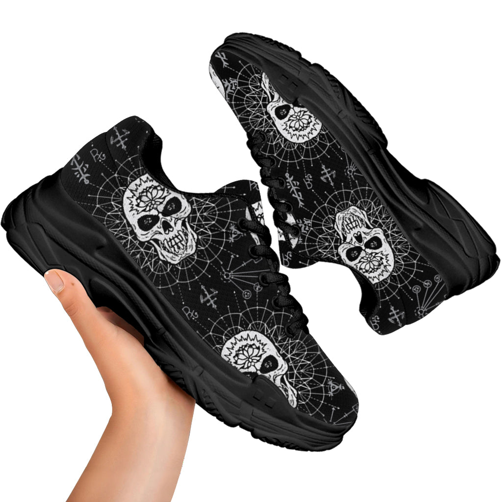 Black And White Wicca Evil Skull Print Black Chunky Shoes