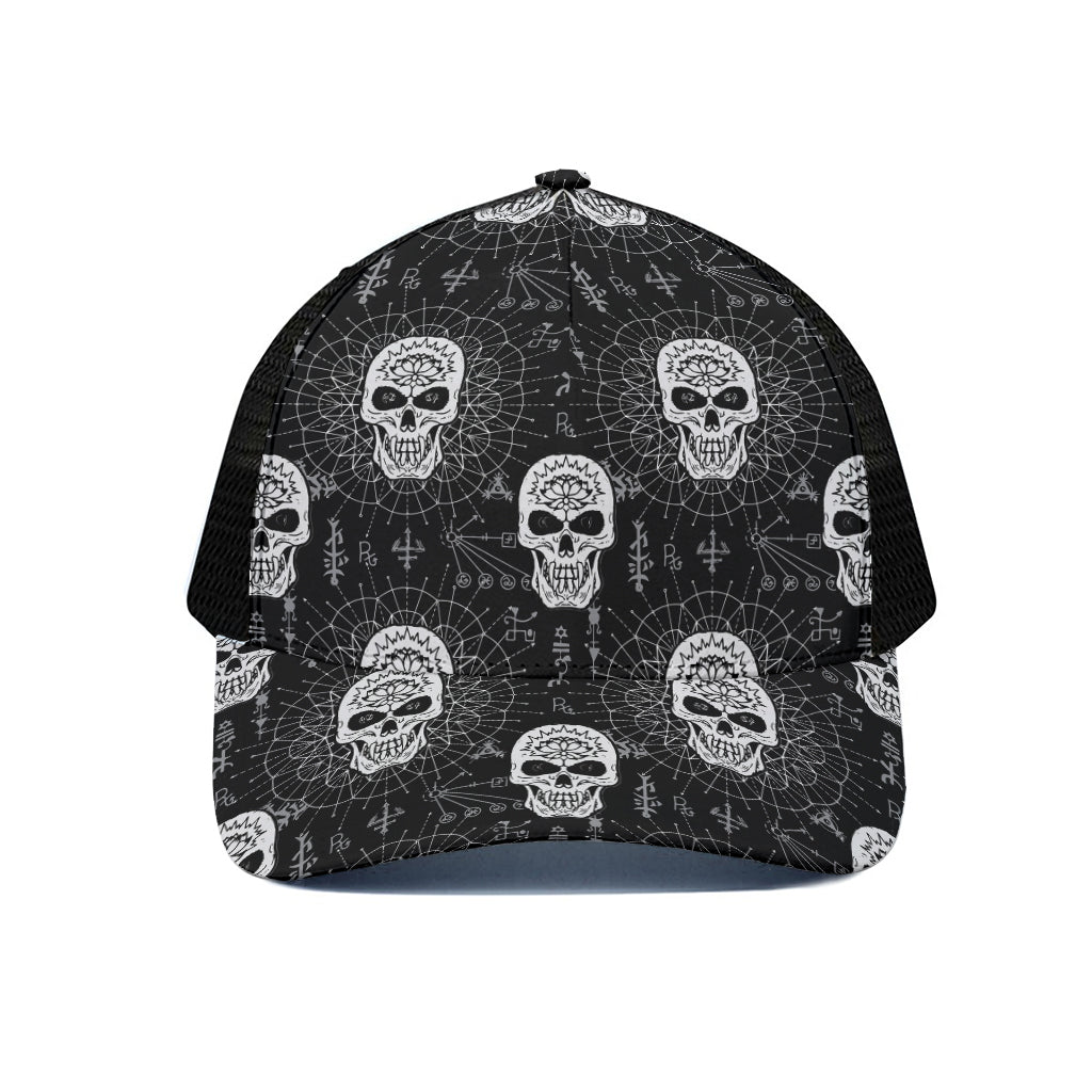 Black And White Wicca Evil Skull Print Black Mesh Trucker Cap