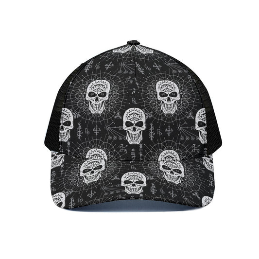Black And White Wicca Evil Skull Print Black Mesh Trucker Cap