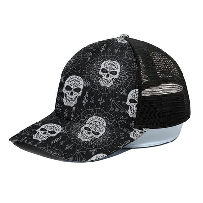 Black And White Wicca Evil Skull Print Black Mesh Trucker Cap