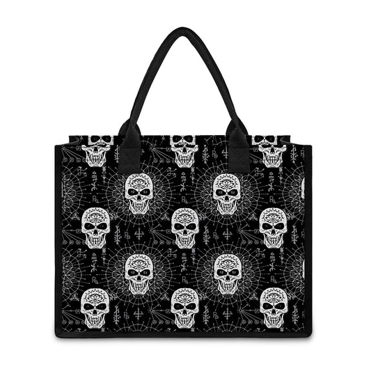 Black And White Wicca Evil Skull Print Canvas Tote Bag