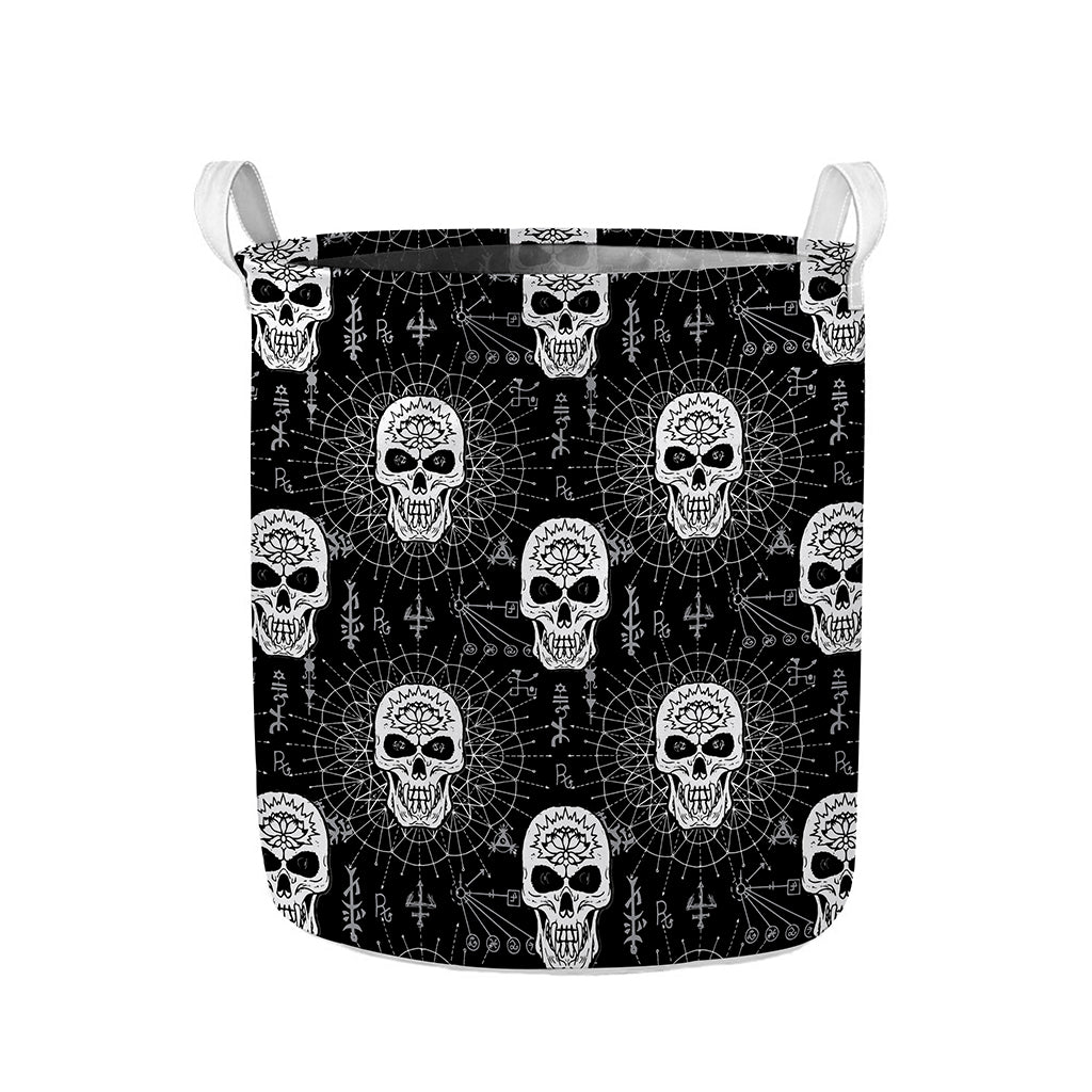 Black And White Wicca Evil Skull Print Collapsible Laundry Basket