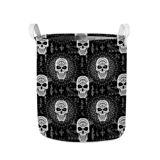 Black And White Wicca Evil Skull Print Collapsible Laundry Basket