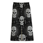 Black And White Wicca Evil Skull Print Cotton Front Slit Maxi Skirt