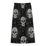 Black And White Wicca Evil Skull Print Cotton Front Slit Maxi Skirt