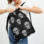 Black And White Wicca Evil Skull Print Drawstring Backpack
