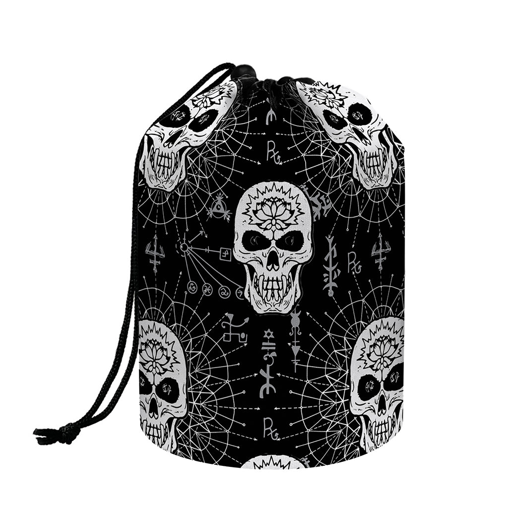 Black And White Wicca Evil Skull Print Drawstring Makeup Bag