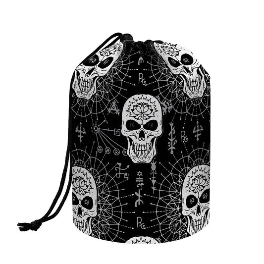 Black And White Wicca Evil Skull Print Drawstring Makeup Bag