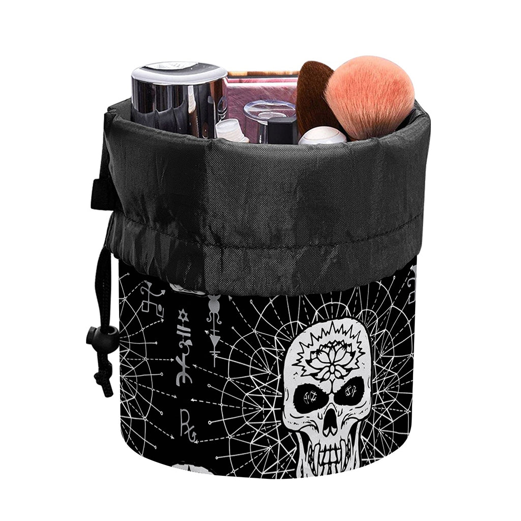 Black And White Wicca Evil Skull Print Drawstring Makeup Bag