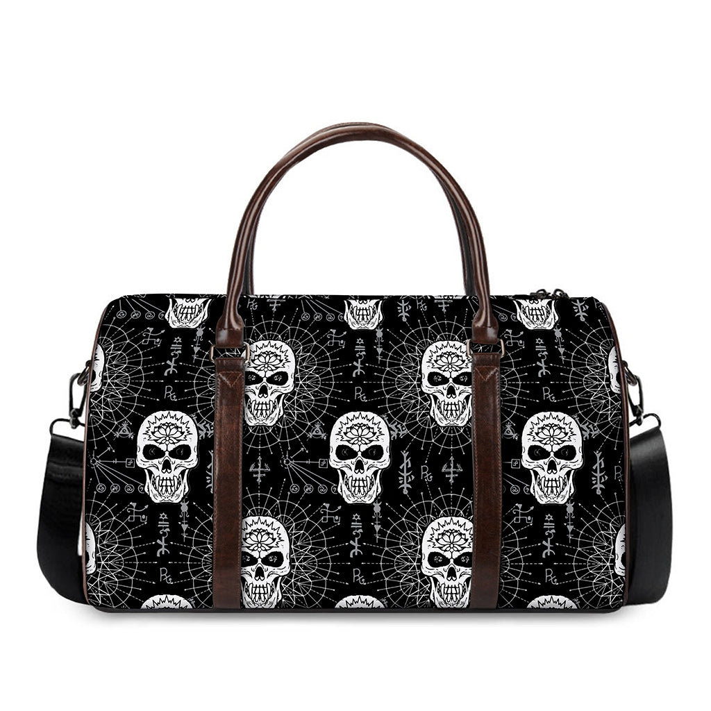 Black And White Wicca Evil Skull Print Duffle Bag