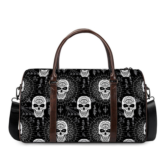 Black And White Wicca Evil Skull Print Duffle Bag