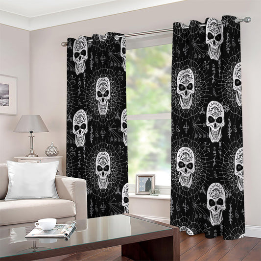Black And White Wicca Evil Skull Print Extra Wide Grommet Curtains