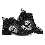 Black And White Wicca Evil Skull Print Flat Ankle Boots