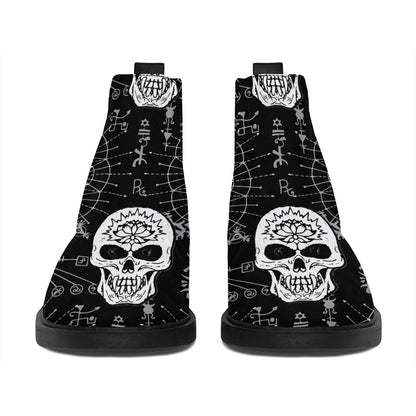 Black And White Wicca Evil Skull Print Flat Ankle Boots